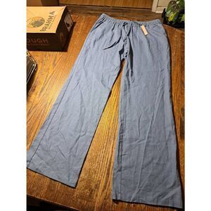 New Love Tree 1X Blue Linen Blend Drawstring Waist Stretch Casual Pants Pockets